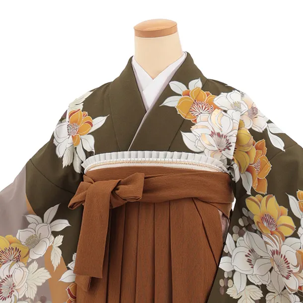 卒業袴T330カーキグリーン花×キャメルブラウンコーデュロイ　