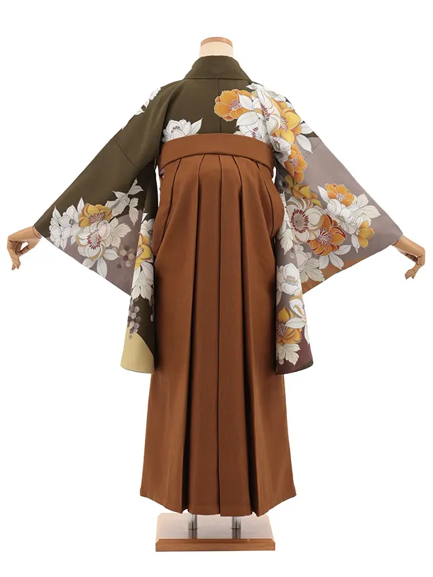卒業袴T331【レース】カーキグリーン花×キャメルブラウンコーデュロイ　　
