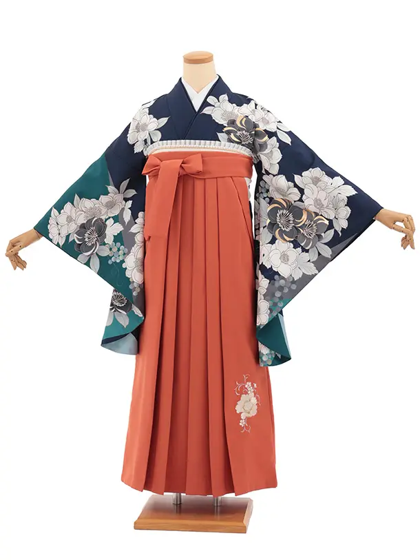 卒業袴T332紺地花×オレンジ　