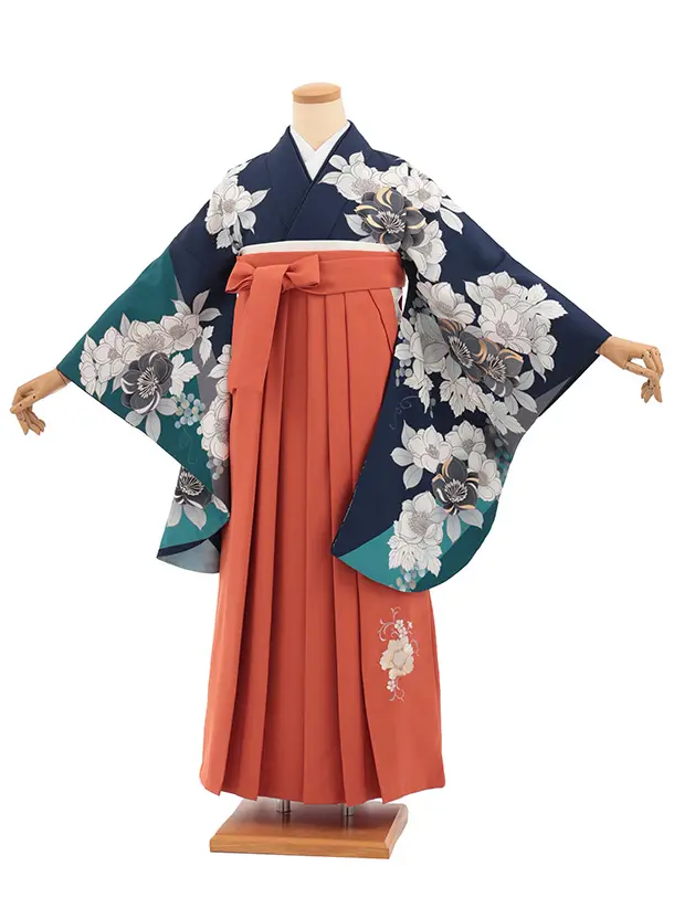 卒業袴T332紺地花×オレンジ　