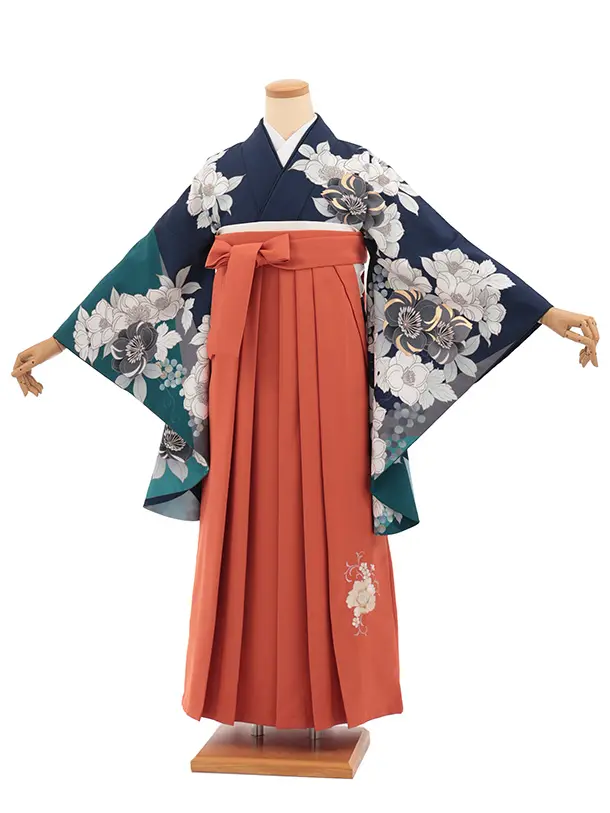 卒業袴T332紺地花×オレンジ　