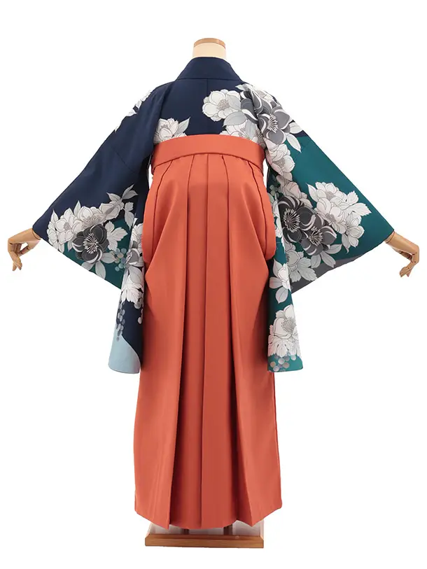 卒業袴T332紺地花×オレンジ　