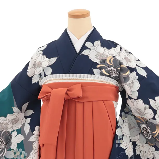 卒業袴T332紺地花×オレンジ　