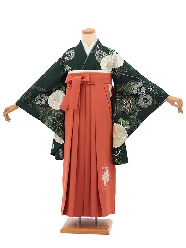 卒業袴T334ダークグリーン菊梅×オレンジ　　