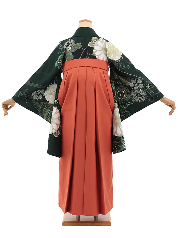 卒業袴T334ダークグリーン菊梅×オレンジ　　