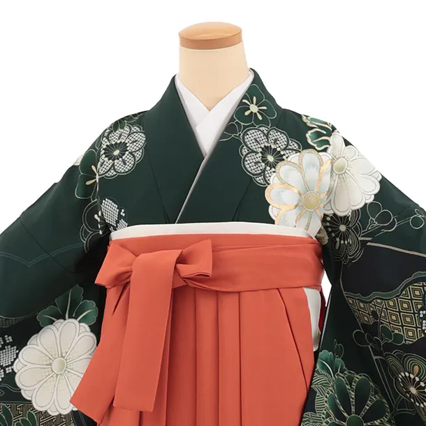 卒業袴T334ダークグリーン菊梅×オレンジ　　