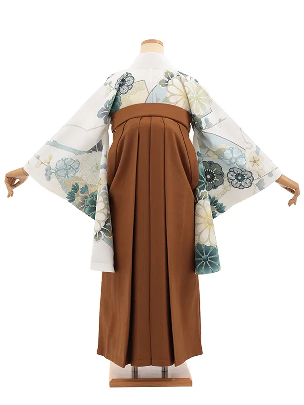 卒業袴T336白地菊梅×キャメルブラウンコーデュロイ　