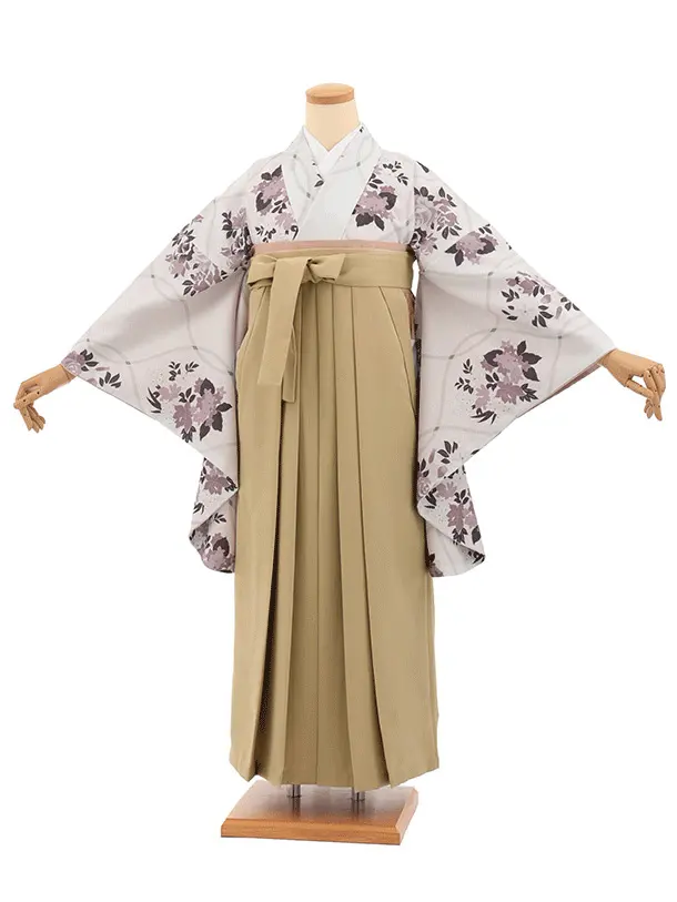 先生,教員向け袴レンタルT337淡グレー地花×モカベージュ　