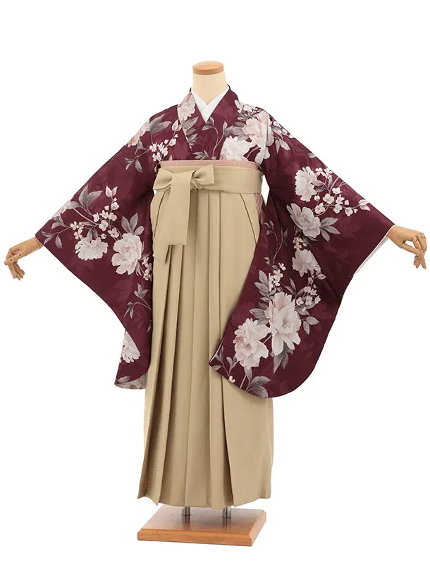 先生,教員向け袴レンタルT338ボルドー花×モカベージュ　