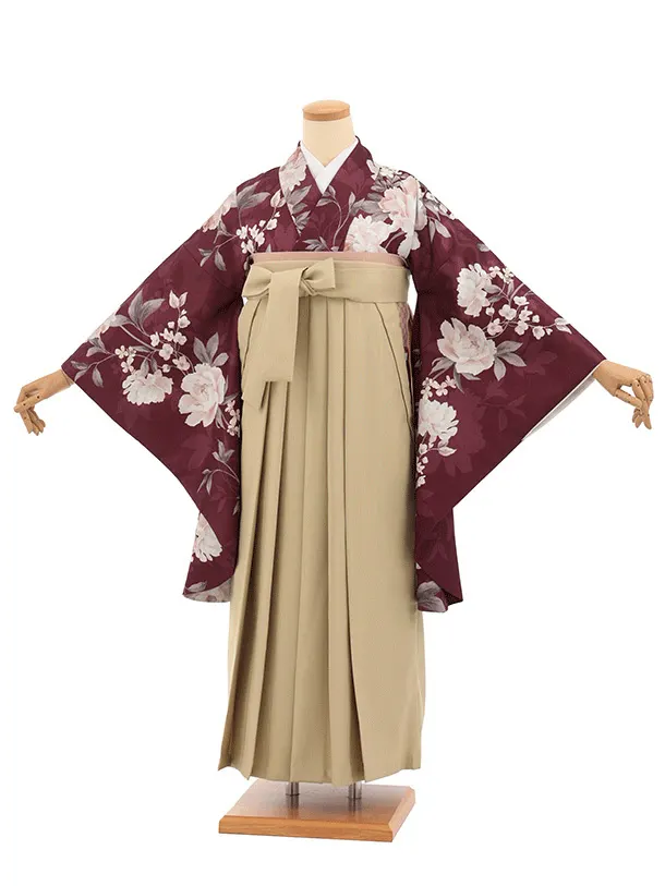 先生,教員向け袴レンタルT338ボルドー花×モカベージュ　
