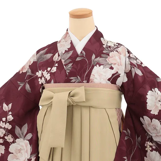 先生,教員向け袴レンタルT338ボルドー花×モカベージュ　