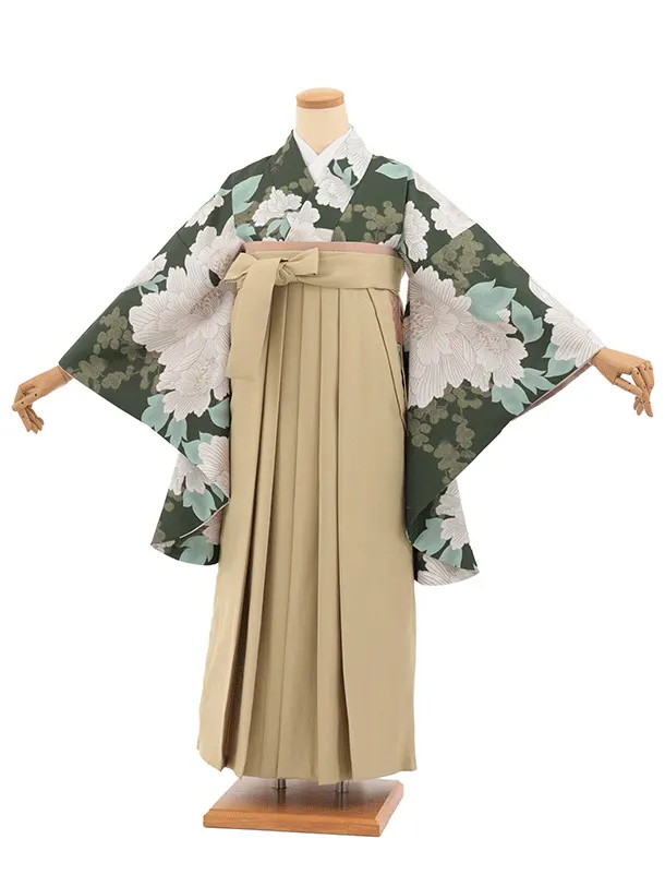 先生,教員向け袴レンタルT339グリーン地ぼたん×モカベージュ　