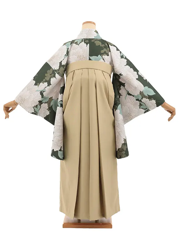 先生,教員向け袴レンタルT339グリーン地ぼたん×モカベージュ　