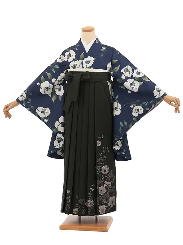 卒業袴T342紺地椿×深緑花　