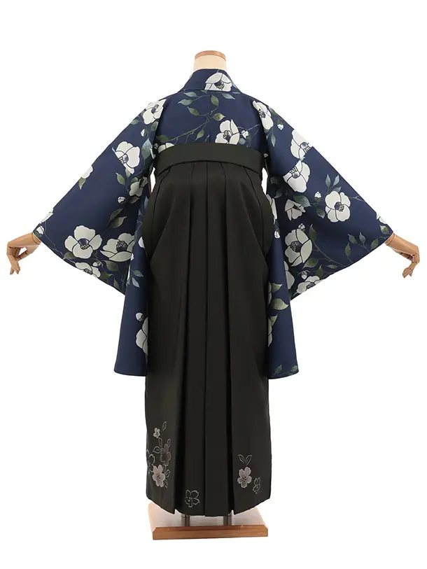 卒業袴T342紺地椿×深緑花　
