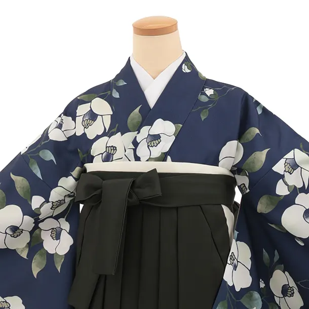 卒業袴T342紺地椿×深緑花　