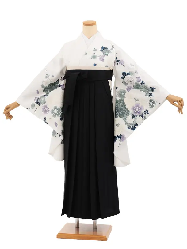 卒業袴T355 白地 ボタン花×黒