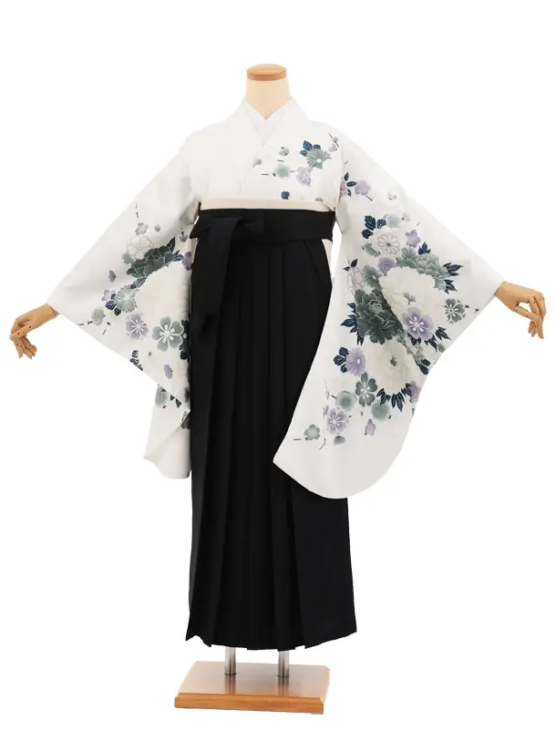 卒業袴T356 白地 ボタン花×黒