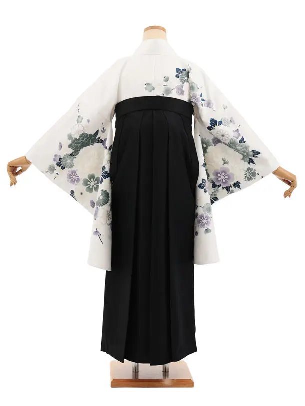 卒業袴T356 白地 ボタン花×黒