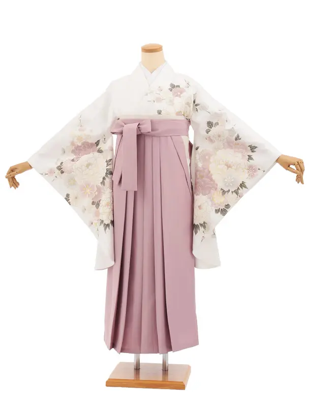 卒業袴T363 白地 ボタン花×ペールパープル
