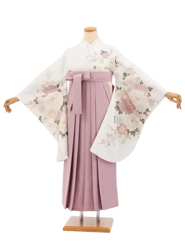 卒業袴T364 白地 ボタン花×ペールパープル