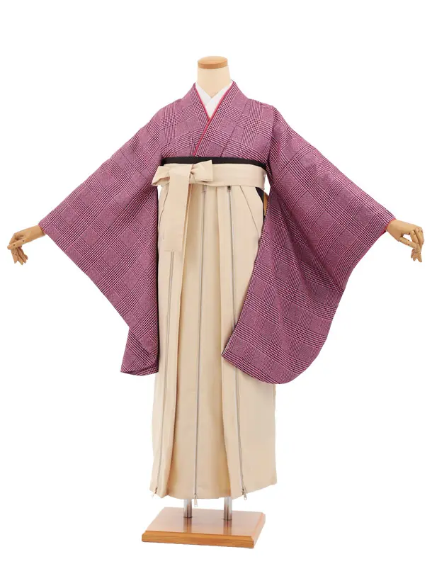 卒業袴T365 ピンクツィードグレンチェック×ベージュかざりファスナー付き