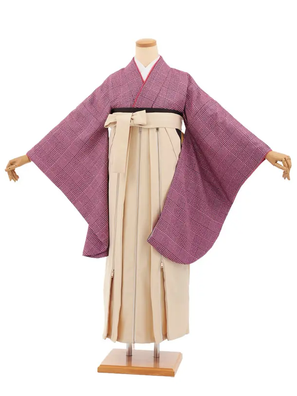 卒業袴T365 ピンクツィードグレンチェック×ベージュかざりファスナー付き