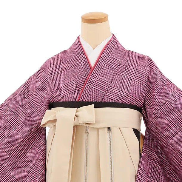 卒業袴T365 ピンクツィードグレンチェック×ベージュかざりファスナー付き