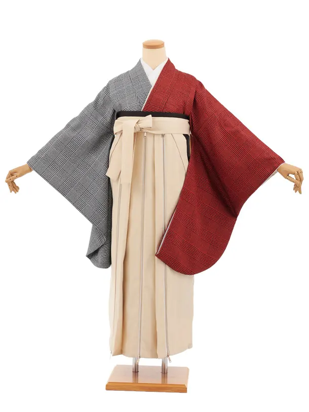 卒業袴T366 オレンジ片身替りツィードグレンチェック×ベージュファスナー付き