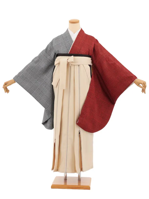 卒業袴T366 オレンジ片身替りツィードグレンチェック×ベージュファスナー付き