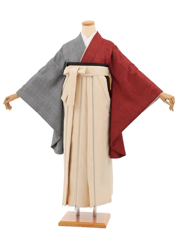 卒業袴T366 オレンジ片身替りツィードグレンチェック×ベージュファスナー付き