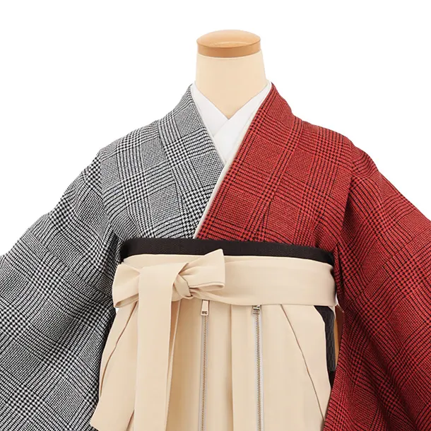 卒業袴T366 オレンジ片身替りツィードグレンチェック×ベージュファスナー付き