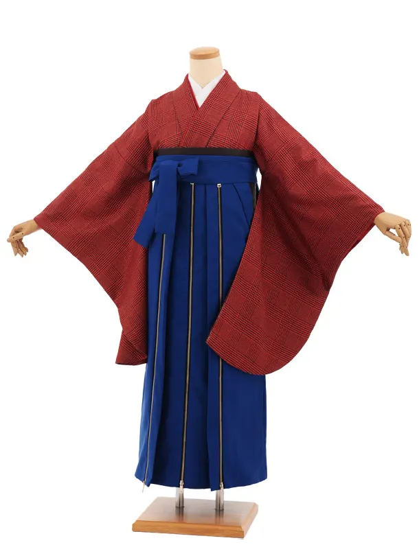 卒業袴T367 オレンジツィードグレンチェック×ブルーかざりファスナー付き