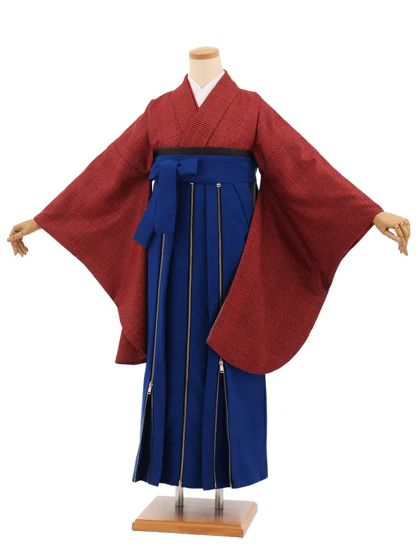 卒業袴T367 オレンジツィードグレンチェック×ブルーかざりファスナー付き