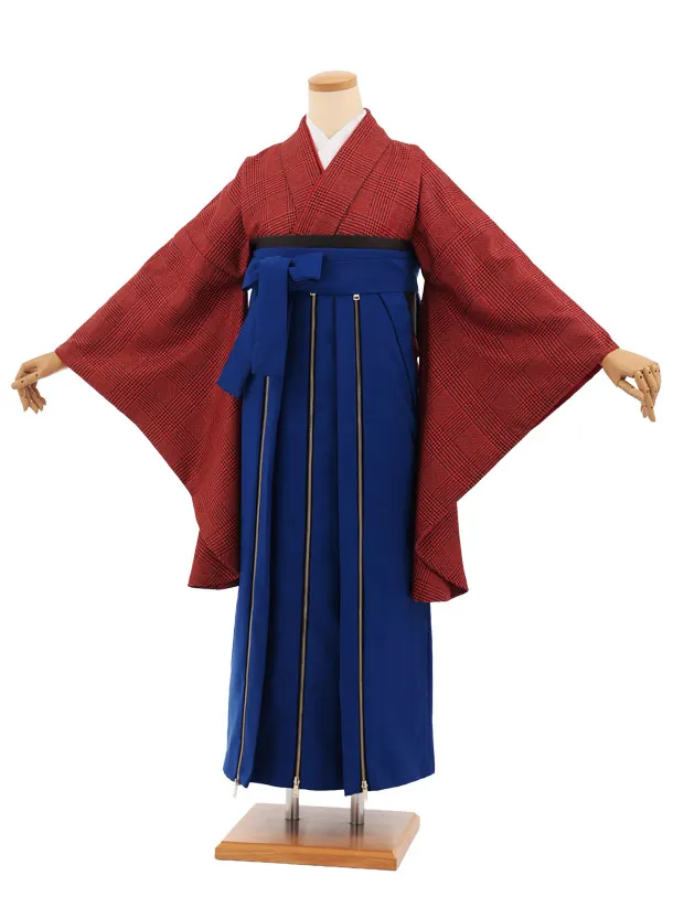 卒業袴T367 オレンジツィードグレンチェック×ブルーかざりファスナー付き