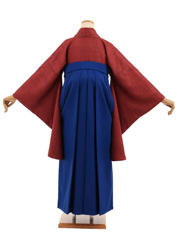 卒業袴T367 オレンジツィードグレンチェック×ブルーかざりファスナー付き