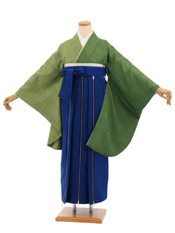 卒業袴T368 緑片身替りツィードグレンチェック×ブルーかざりファスナー付き