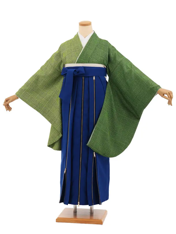 卒業袴T368 緑片身替りツィードグレンチェック×ブルーかざりファスナー付き
