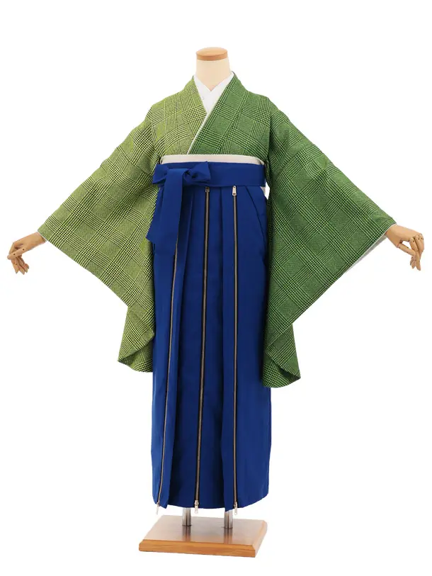 卒業袴T368 緑片身替りツィードグレンチェック×ブルーかざりファスナー付き