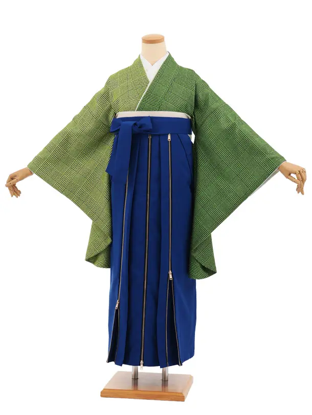 卒業袴T368 緑片身替りツィードグレンチェック×ブルーかざりファスナー付き