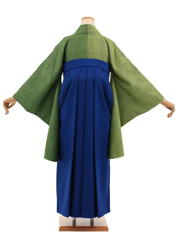卒業袴T368 緑片身替りツィードグレンチェック×ブルーかざりファスナー付き