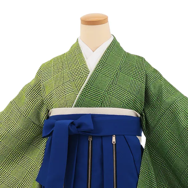 卒業袴T368 緑片身替りツィードグレンチェック×ブルーかざりファスナー付き