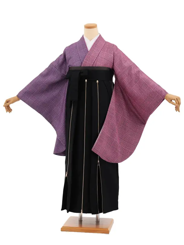 卒業袴T369 ピンク片身替りツィードグレンチェック×黒かざりファスナー付き
