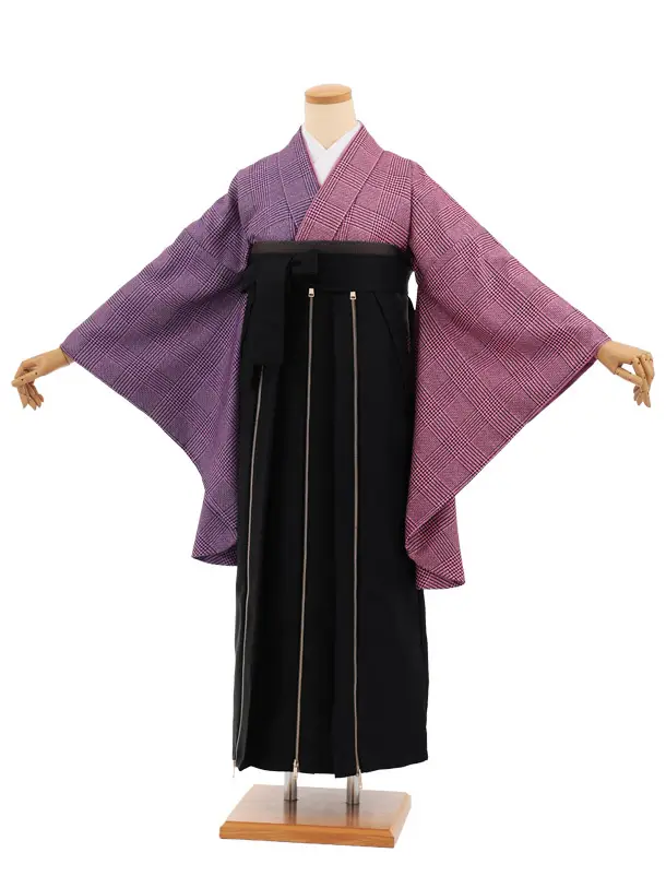 卒業袴T369 ピンク片身替りツィードグレンチェック×黒かざりファスナー付き