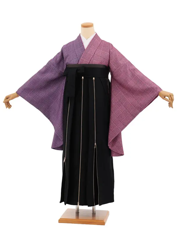 卒業袴T369 ピンク片身替りツィードグレンチェック×黒かざりファスナー付き