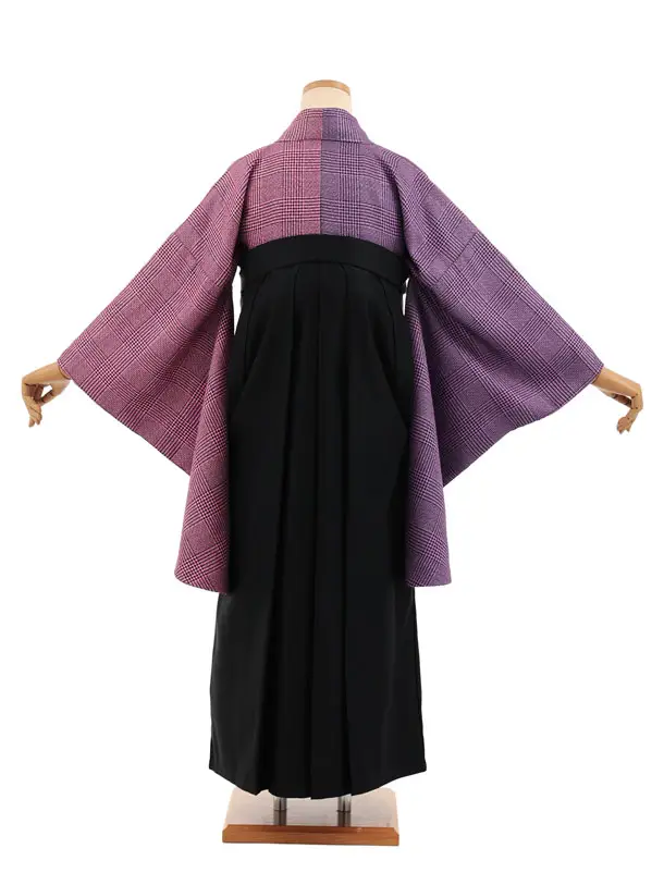 卒業袴T369 ピンク片身替りツィードグレンチェック×黒かざりファスナー付き