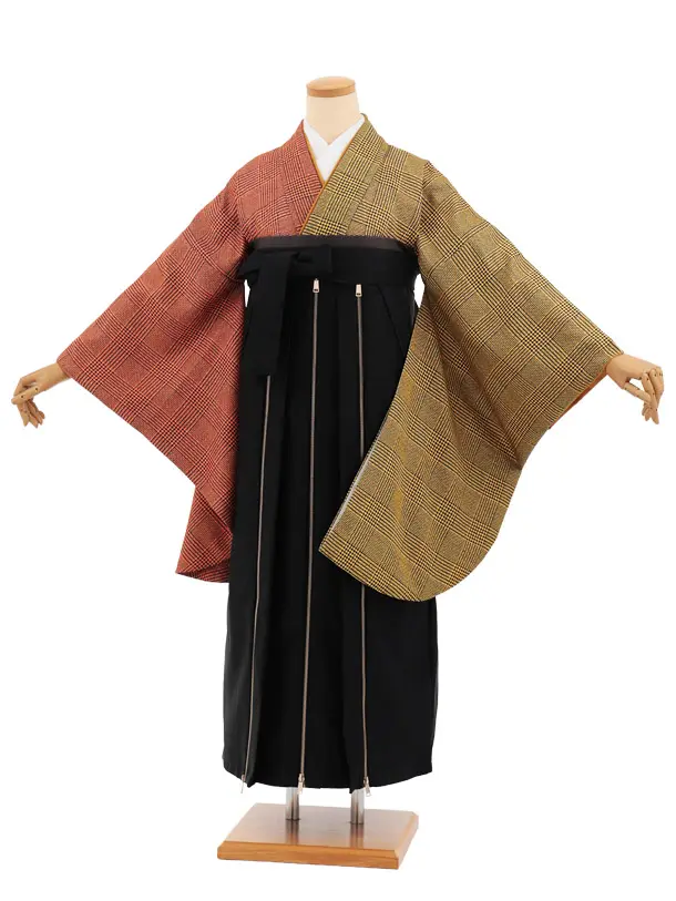 卒業袴T370 イエロー片身替りツィードグレンチェック×黒かざりファスナー付き