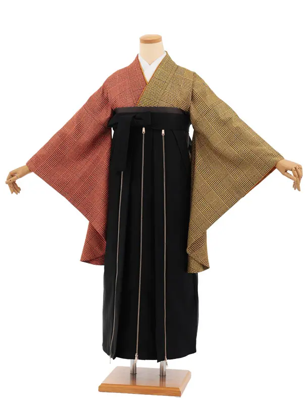卒業袴T370 イエロー片身替りツィードグレンチェック×黒かざりファスナー付き