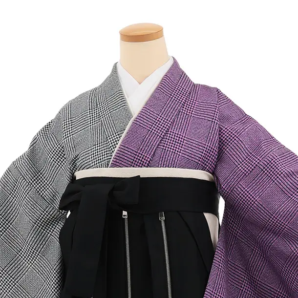 卒業袴T371 パープル片身替りツィードグレンチェック×黒かざりファスナー付き