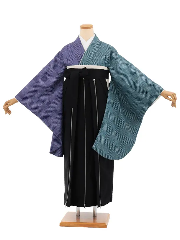 卒業袴T372 ブルー片身替りツィードグレンチェック×黒かざりファスナー付き